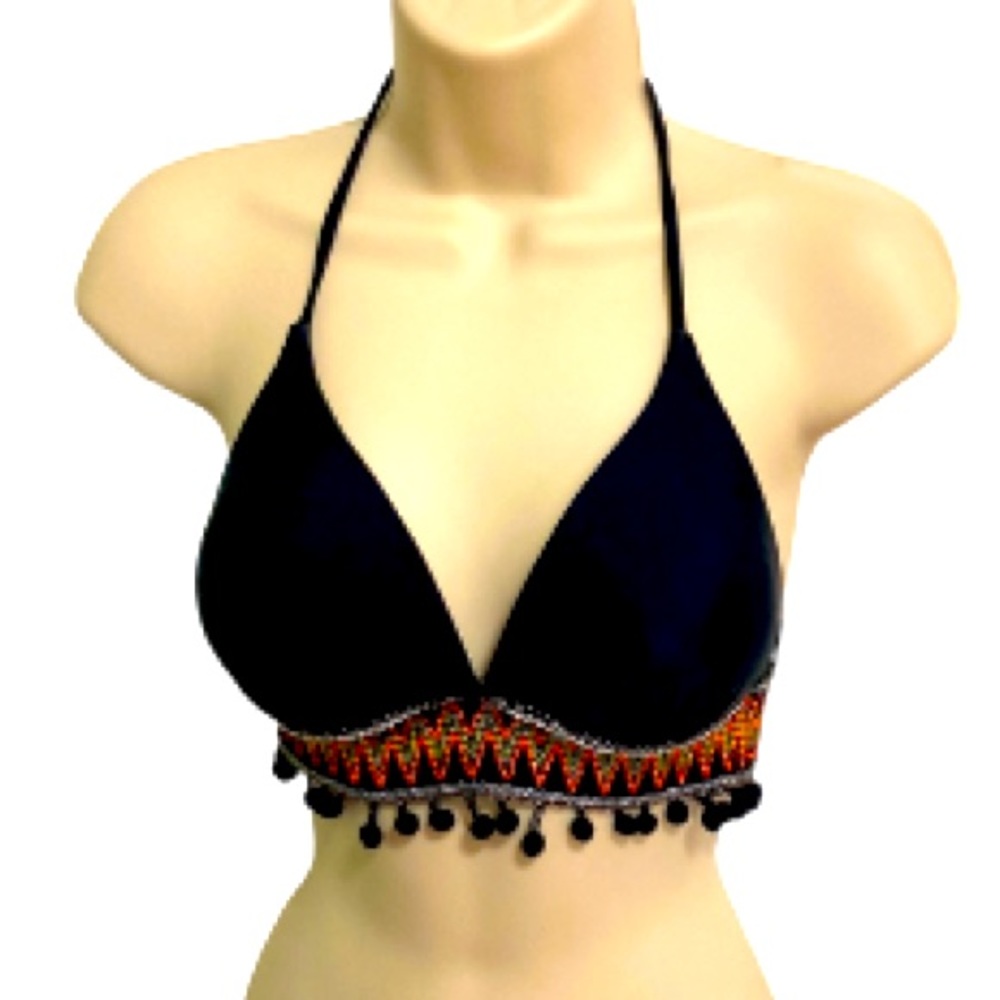 POM POM Triangle Halter Bellydance Athletic Bikini Swimsuit Top Womens Medium